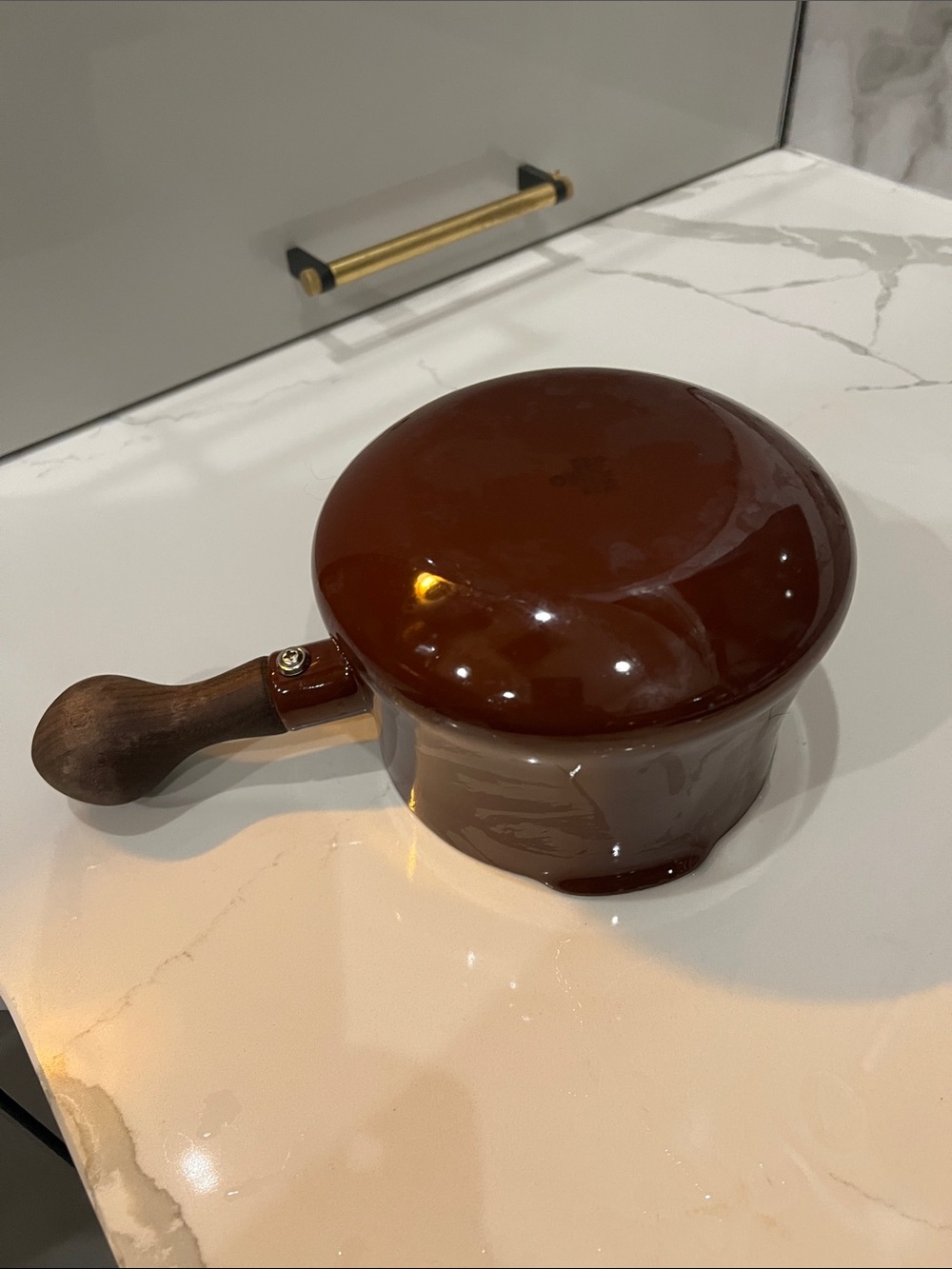 Dansk Kobenstyle 1.5L Brown Butter Watmer Pot Enamelware with Teak Handle - Picture 3 of 5